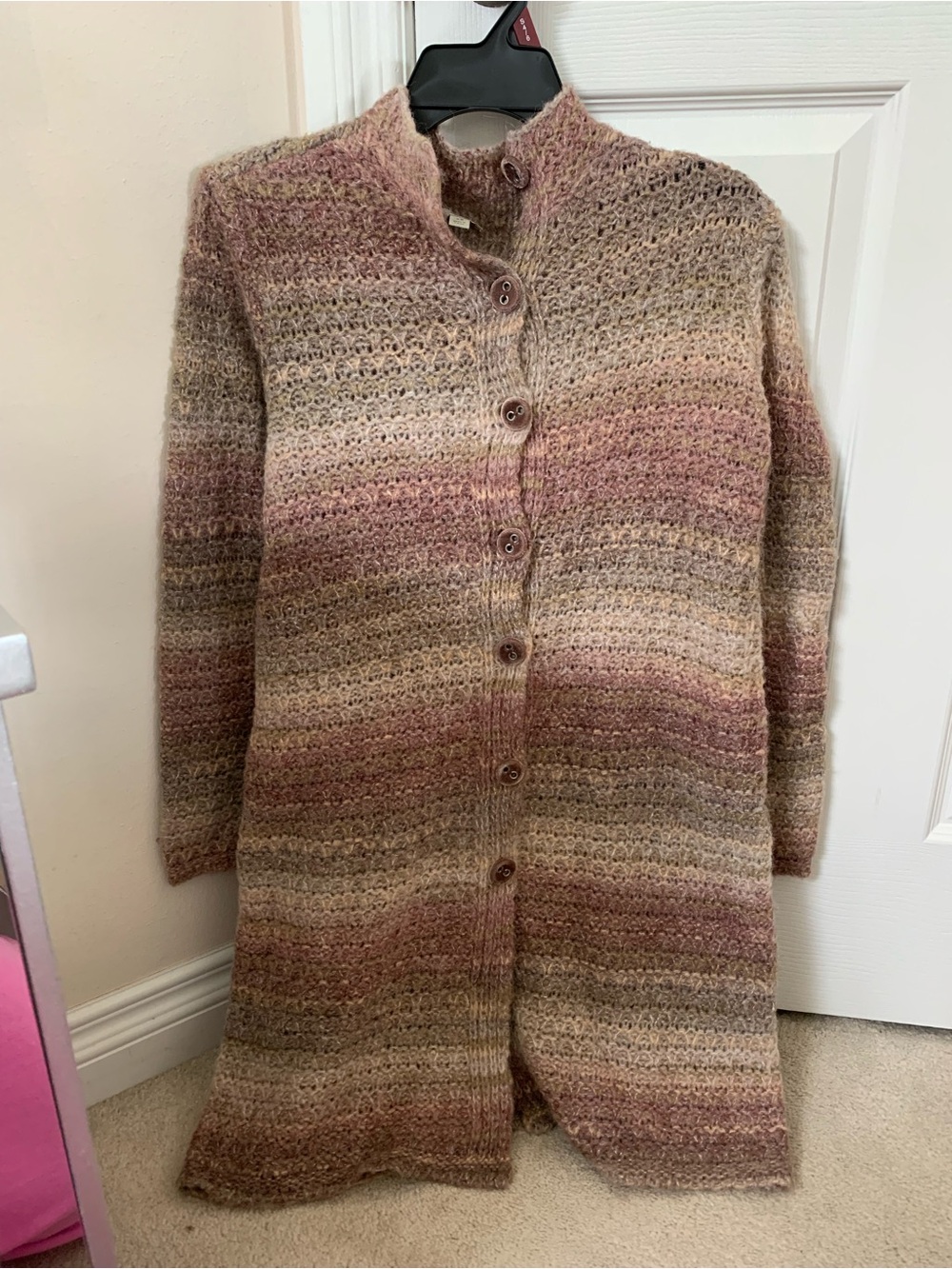 J. Jill Long Open-Knit Button Cardigan in Pink and Tan Stripes